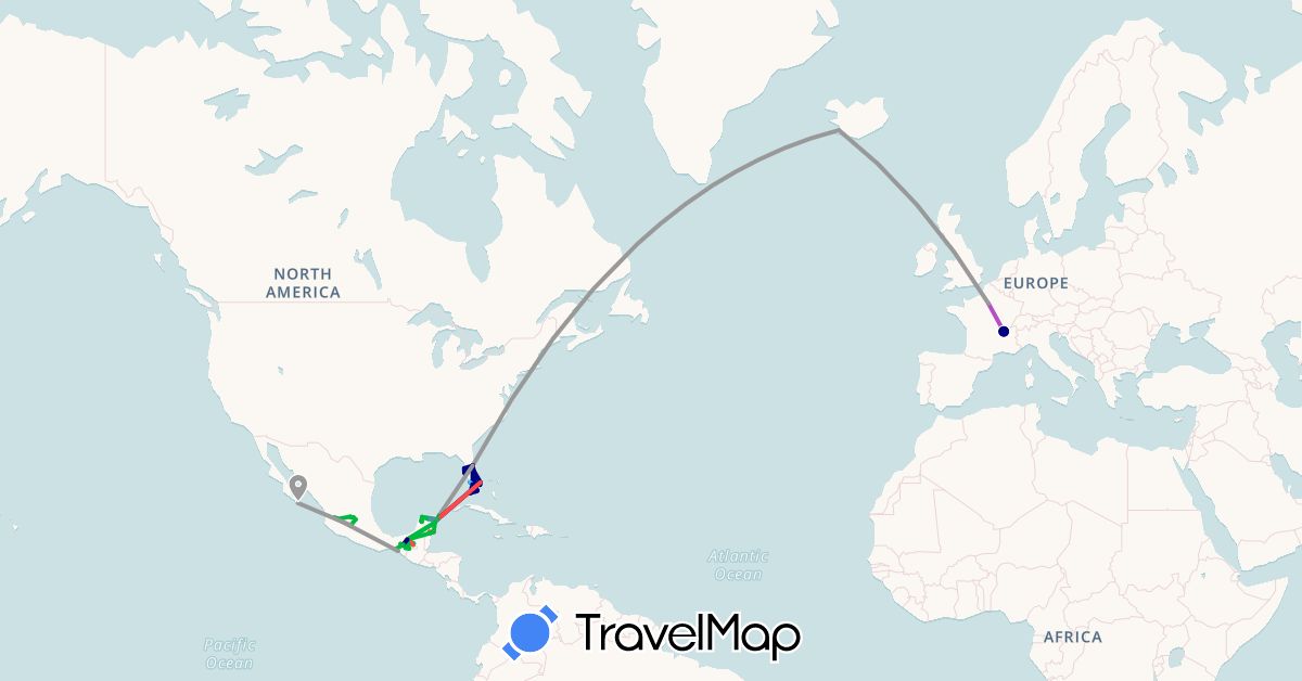TravelMap itinerary: driving, bus, plane, cycling, train, hiking, boat in France, Iceland, Mexico, United States (Europe, North America)